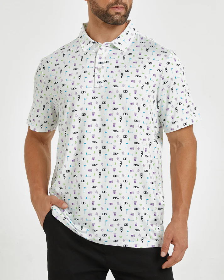 Men's White Golf Polo Shirt for Stylish Performance with Celebration Print