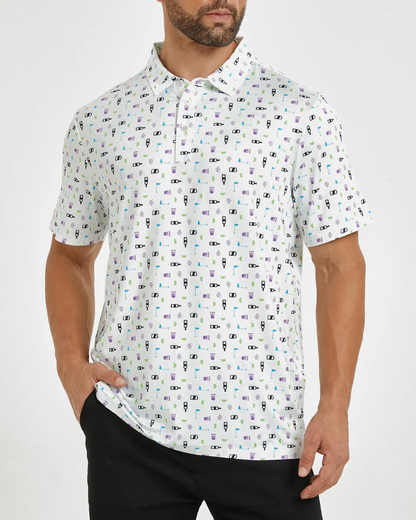 Men's White Golf Polo Shirt for Stylish Performance with Celebration Print