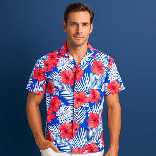 Men's Quick Dry Slim Fit Beach Shirt with Sublimation Printed Button Vacation Lapel Short Sleeve Custom Logo Design Stand Collar