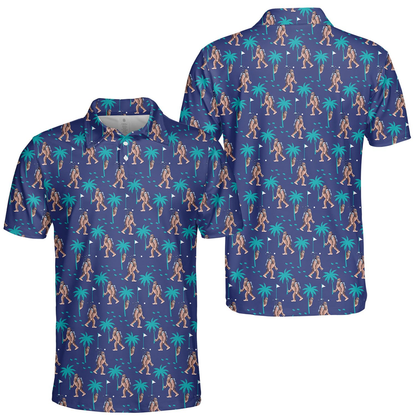 Fun Printed Men's Golf for Polo Shirts Quick Dry Spandex Polyester Knitted Style with Bigfoot Design Short Sleeve