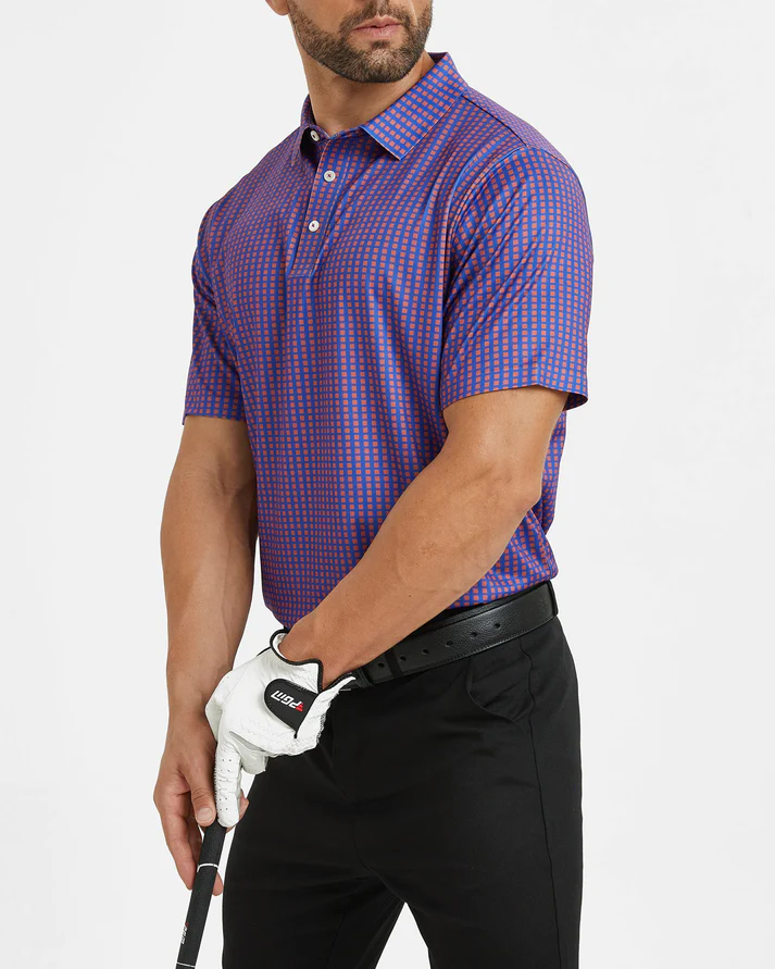 Men's Purple Golf Polo Shirt with Stylish Square Pattern - Perfect Golf Apparel