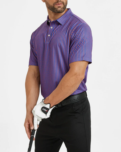 Men's Purple Golf Polo Shirt with Stylish Square Pattern - Perfect Golf Apparel