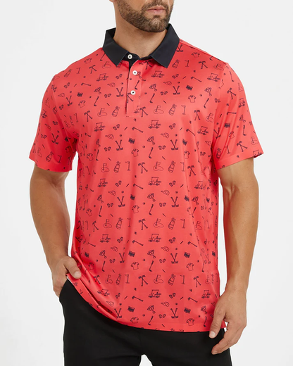 Men's Slim Fit Polo Shirts - Red Golf Polo Shirt with Stylish Print Design