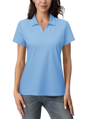 Women's casual short-sleeved V-neck quick-drying golf polo shirts. They are solid-color polyester-cotton tops that are moisture-wicking and suitable for sports. Knitted and washable