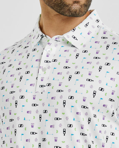 Men's White Golf Polo Shirt for Stylish Performance with Celebration Print