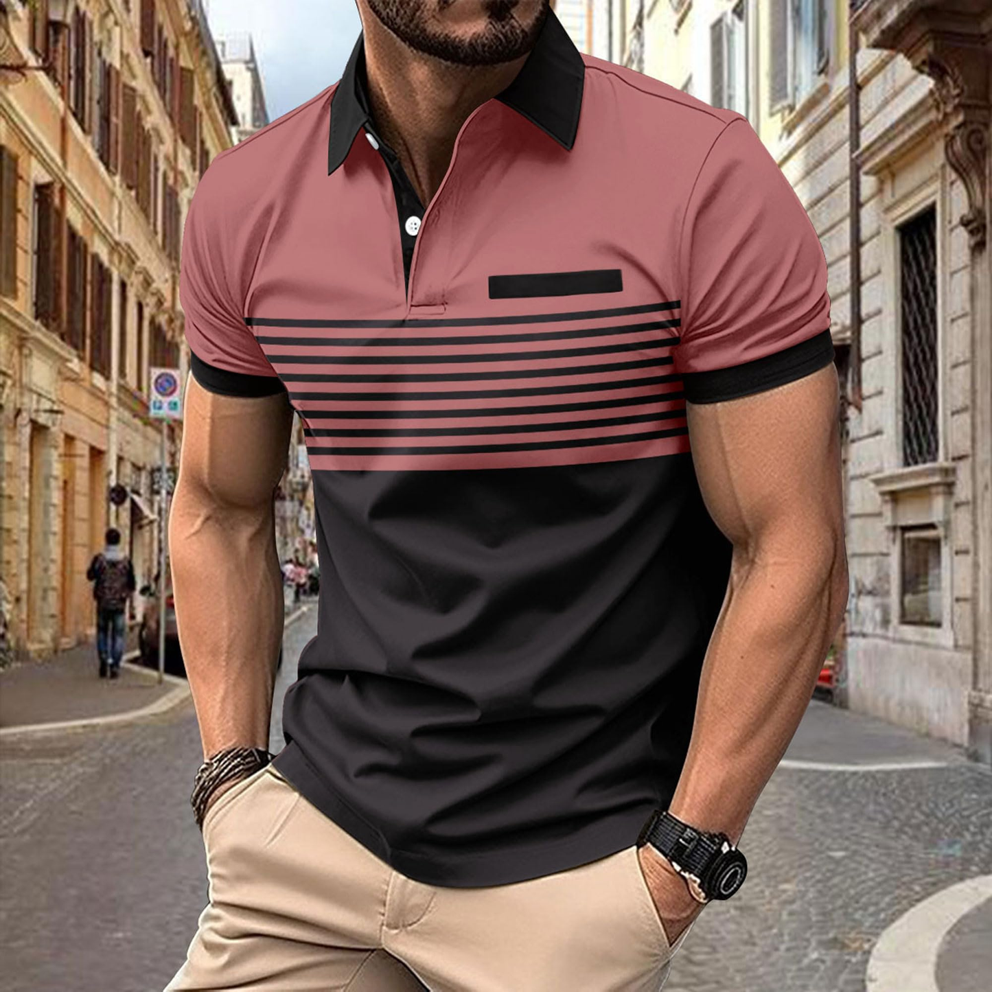 Custom Logo Short Sleeve Blocked Striped Button-Down Collar Top With Pocket Summer Casual Mens Polo Shirt