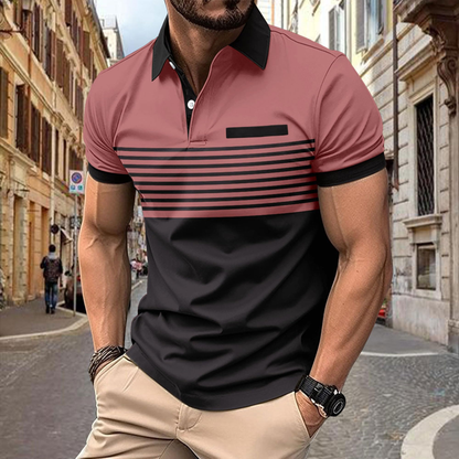 Custom Logo Short Sleeve Blocked Striped Button-Down Collar Top With Pocket Summer Casual Mens Polo Shirt