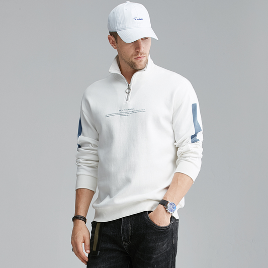 Custom Logo Print Letter Cotton Fashion Casual Loose Oversize Plus Size Color Block Sweatshirt Quarter 1/4 Zip Men Pullover