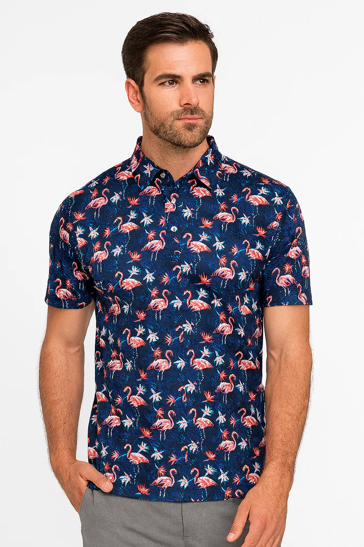 Tropical Flamingo Polo Shirt - Antimicrobial Quick Dry Slim Fit with Floral Pattern Design