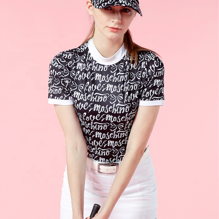 Women's Sublimation Casual Sport Golf Short Sleeve Polo Shirt Self Collar Letter Printing O-neck Women T Shirt