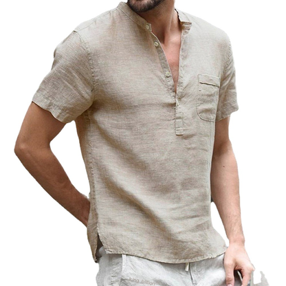 Custom High Quality New Cotton Oversized Tshirt Short Sleeve Solid Plain V-neck Button Down White 100% Linen t Shirt for Men