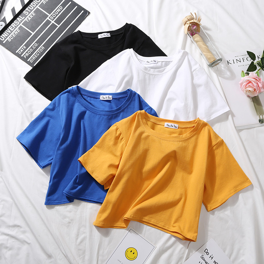 Custom Women's Summer Short Sleeve T-Shirt Cotton Solid O-Neck High Waist Crop Top Casual Loose Print Tee