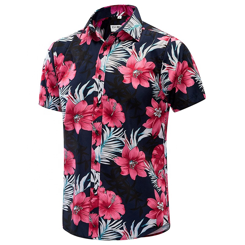 OEM High Quality Custom Embroidery Hawaiian Shirt Men Moisture Absorption Vacation Short Sleeve Formal Polyester Hawaiian Print