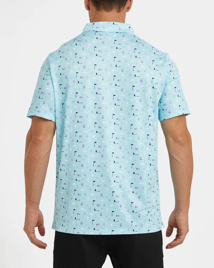 Men's Blue Golf Polo Shirt with Unique Golf Element Prints