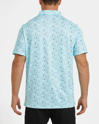 Men's Blue Golf Polo Shirt with Unique Golf Element Prints
