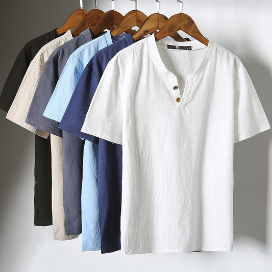Custom High Quality New Cotton Oversized Tshirt Short Sleeve Solid Plain V-neck Button Down White 100% Linen t Shirt for Men