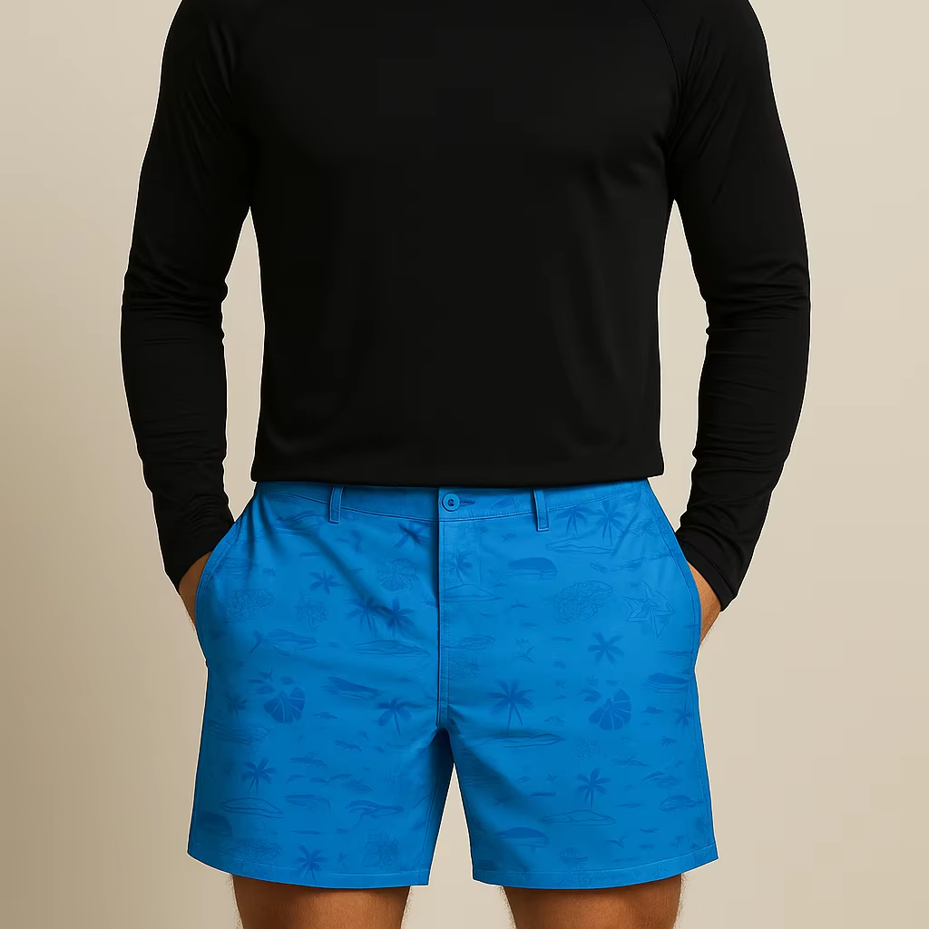 Full-body sublimation printed, heavyweight polyester men's unisex 6-inch inseam custom tree mesh golf shorts for summer
