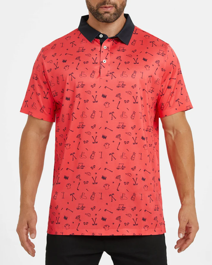 Men's Slim Fit Polo Shirts - Red Golf Polo Shirt with Stylish Print Design