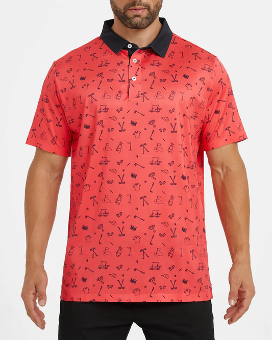 Men's Slim Fit Polo Shirts - Red Golf Polo Shirt with Stylish Print Design