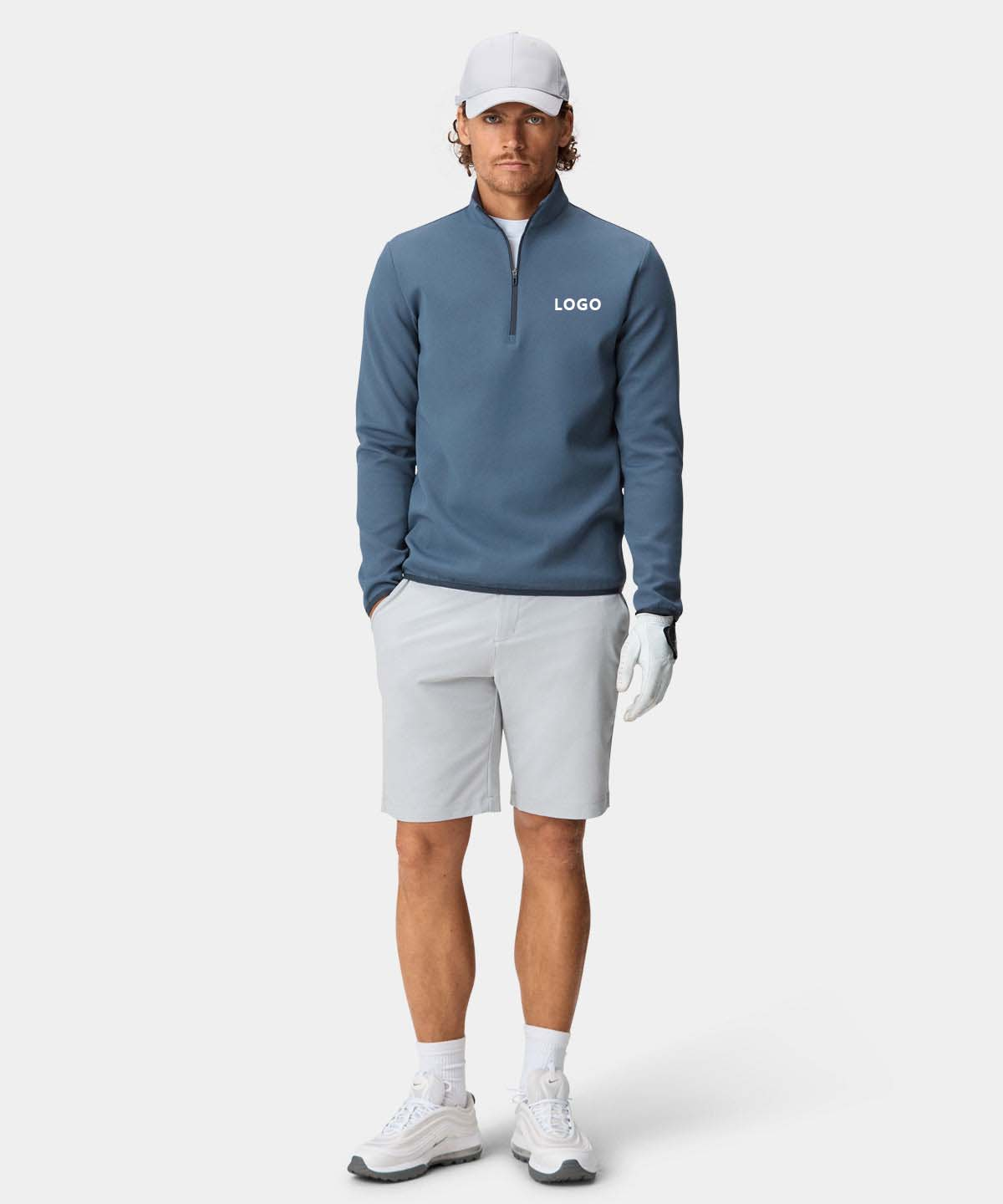 Custom Logo Print Plain Dyed Solid Luxury Blue Sport Golf Long Sleeve 1/4 Quarter Zip Collar Hoodie Pullover Sweatshirts for Men