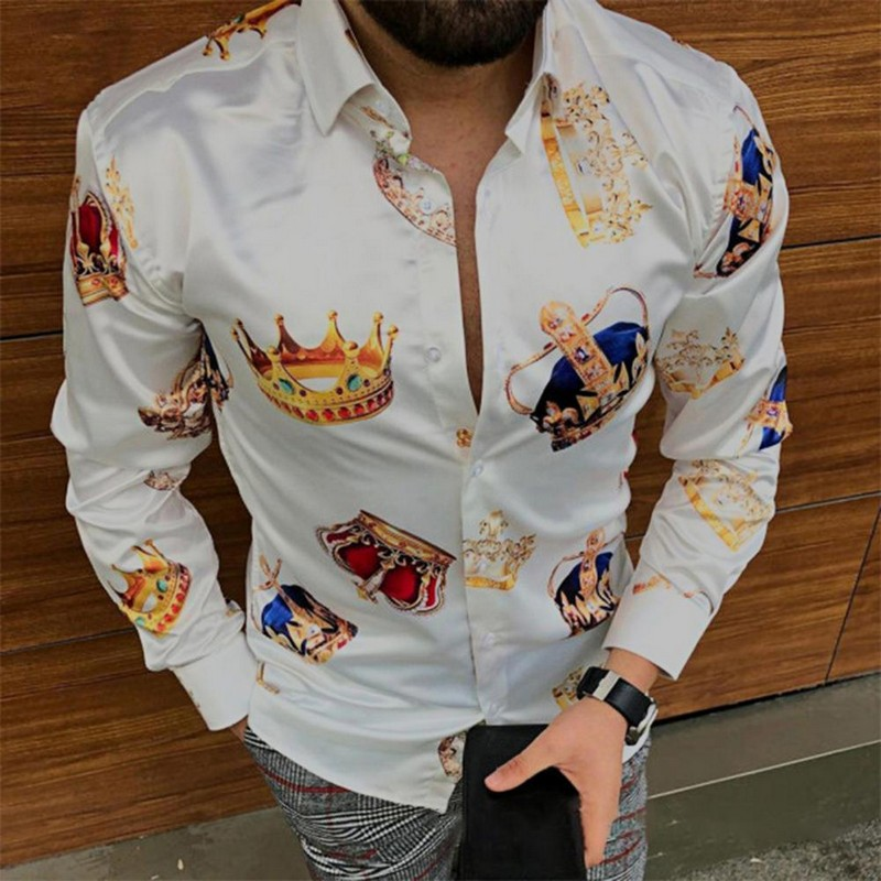 Luxury Printed Men Spring Long Sleeve Slim Casual Streetwear Social Party Clothes Fashion Long Sleeve Collar Shirt Men