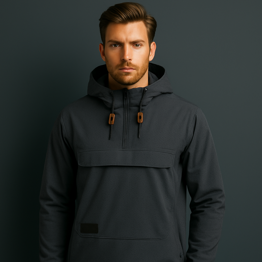 Customized Men's Plain Grey Woven Pullover Hoodies Fashion Pocket Half Zip Neck Waterproof Autumn Season Digital Printing Solid