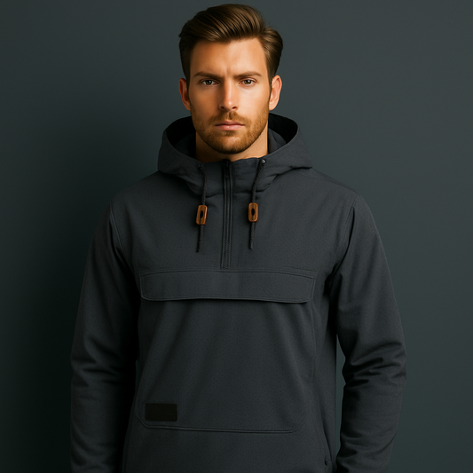 Customized Men's Plain Grey Woven Pullover Hoodies Fashion Pocket Half Zip Neck Waterproof Autumn Season Digital Printing Solid