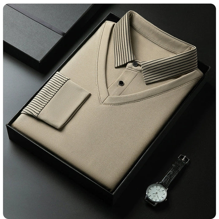 Custom logo Khaki Striped Lapel Faux Two Piece Business Casual Full Long Sleeve Polo Shirt for Men