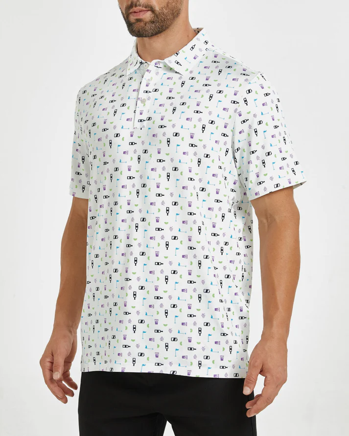 Men's White Golf Polo Shirt for Stylish Performance with Celebration Print