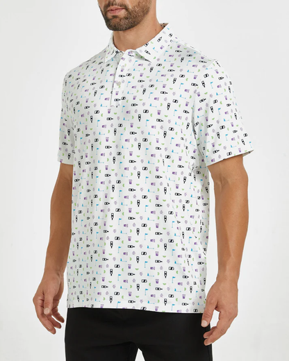 Men's White Golf Polo Shirt for Stylish Performance with Celebration Print