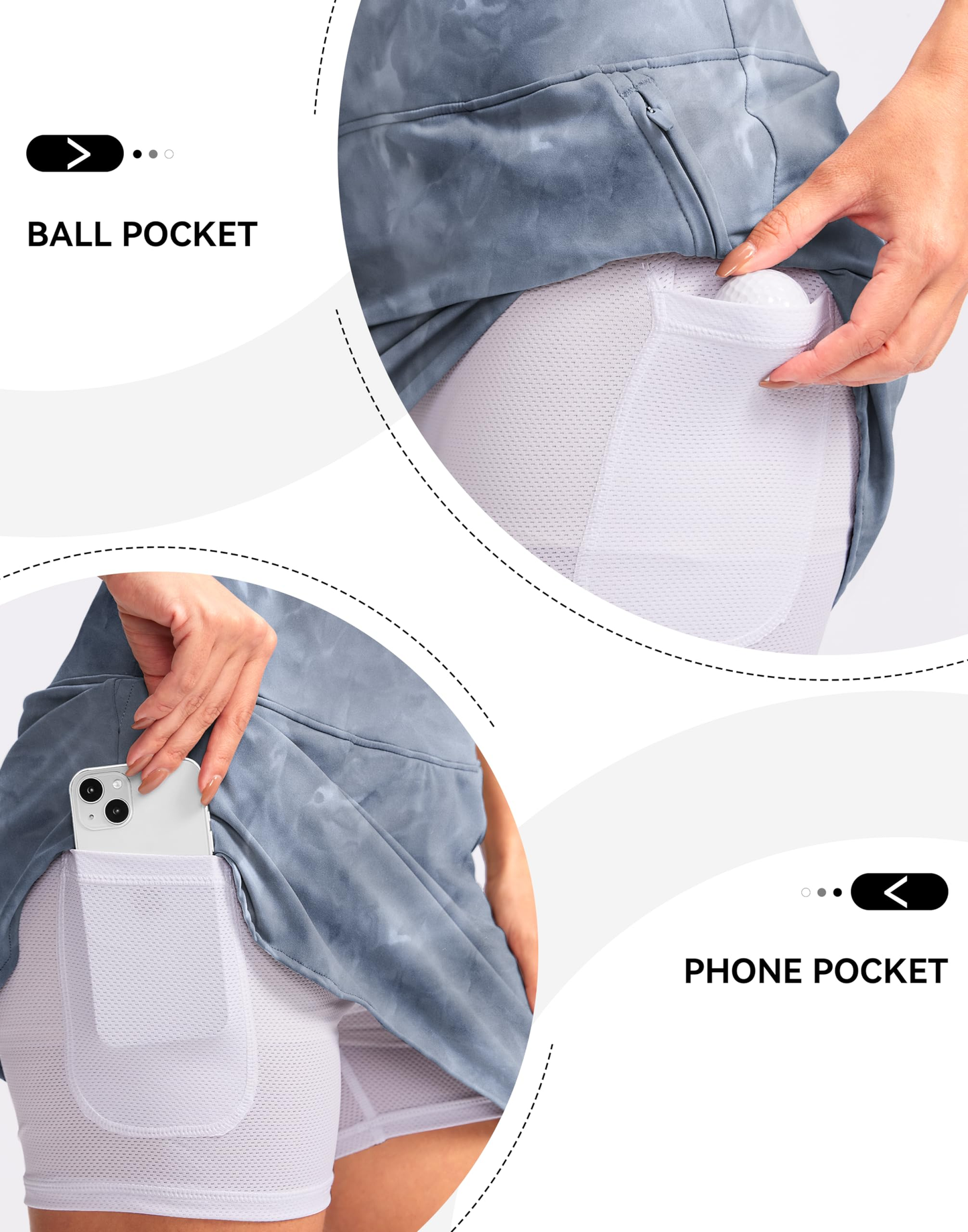 Custom-made four-way stretch high-waisted women's tennis and golf shorts. Casual nylon skirts with zipper pockets, suitable for running and training