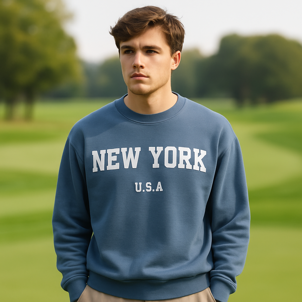 OEM Custom Men's Short Round Neck Pullover Long Sleeve 100% Cotton Kait Plain Letter Screen Print Digital Printing Autumn Season