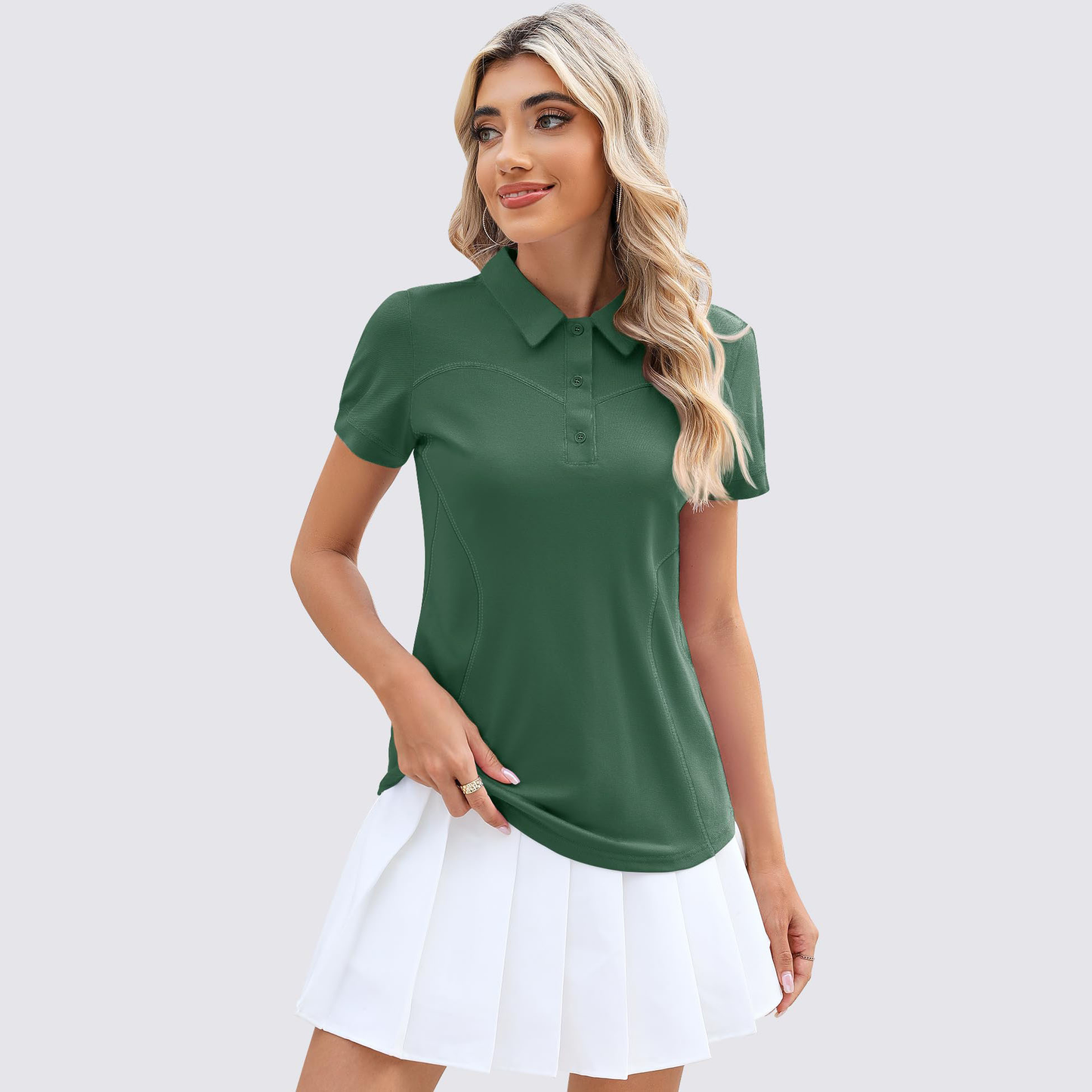 Custom logo green cotton, spandex and polyester short-sleeve lightweight moisture-wicking casual three-button women's golf polo shirt