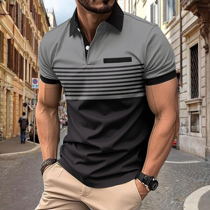 Custom Logo Short Sleeve Blocked Striped Button-Down Collar Top With Pocket Summer Casual Mens Polo Shirt