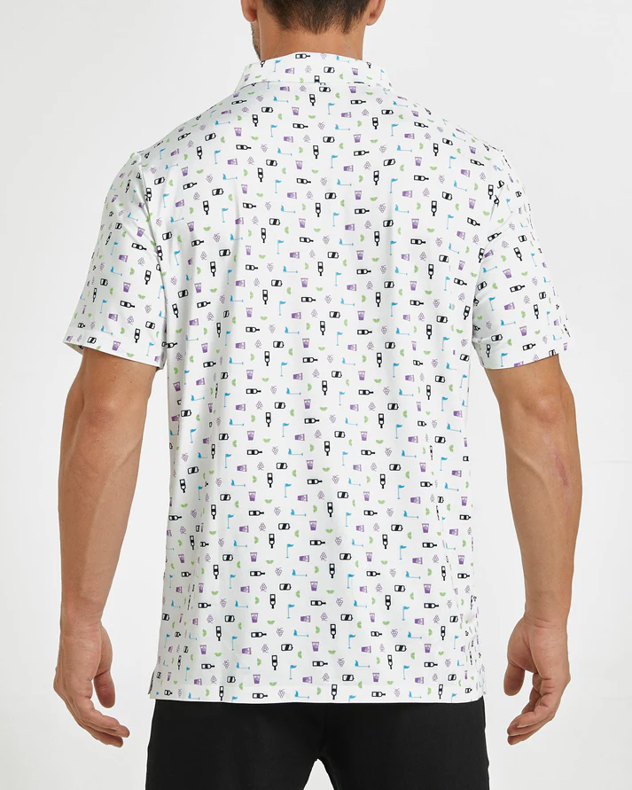 Men's White Golf Polo Shirt for Stylish Performance with Celebration Print