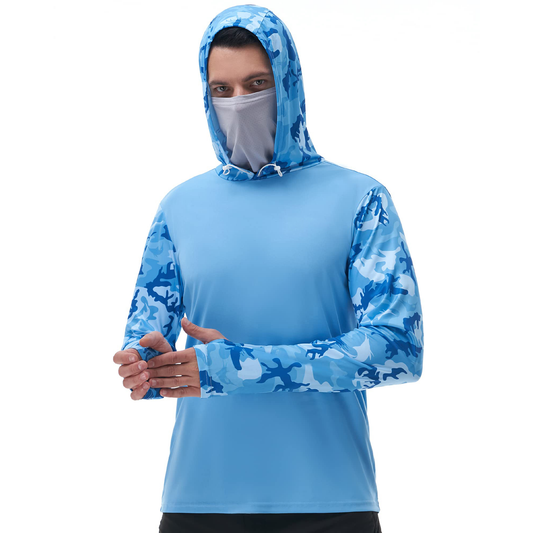 Custom Spandex Polyester 4-way Stretch Sun protection Camo Print Sublimation Upf 50 Bamboo Upf 50 Long Sleeve Shirt with Hood
