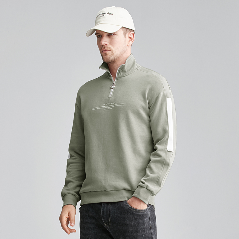 Custom Logo Print Letter Cotton Fashion Casual Loose Oversize Plus Size Color Block Sweatshirt Quarter 1/4 Zip Men Pullover