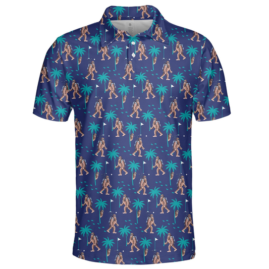 Fun Printed Men's Golf for Polo Shirts Quick Dry Spandex Polyester Knitted Style with Bigfoot Design Short Sleeve