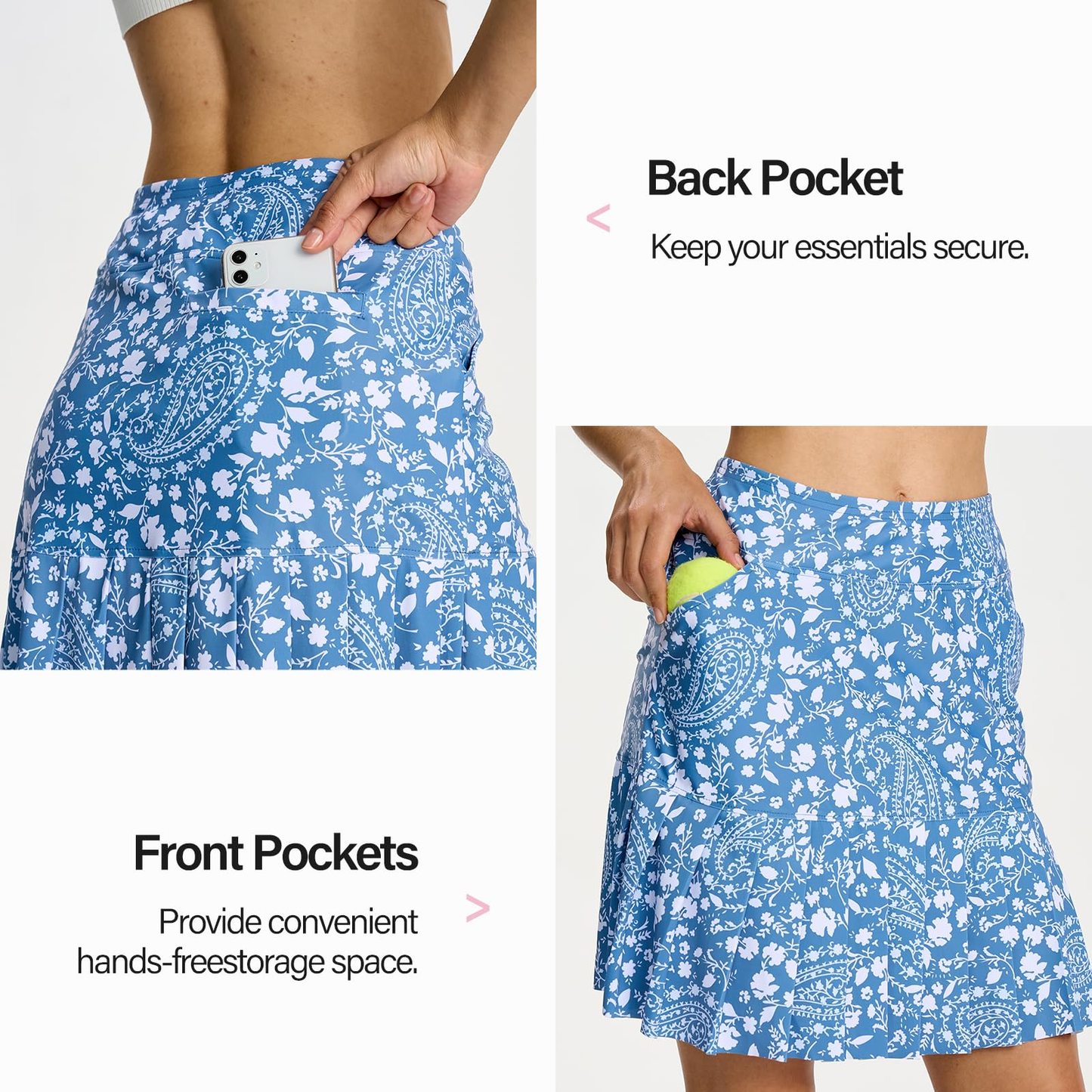Women's knee-length flounced hem short skirts, polyester sports shorts with pockets for fitness and running, adjustable golf shorts, suitable for adults