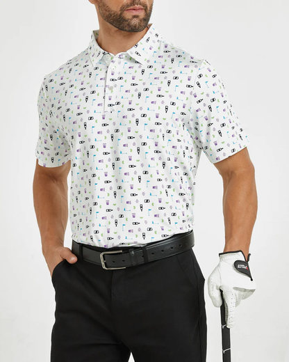 Men's White Golf Polo Shirt for Stylish Performance with Celebration Print
