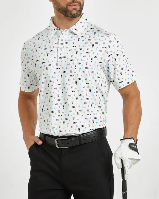 Men's White Golf Polo Shirt for Stylish Performance with Celebration Print