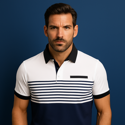 Custom Logo Short Sleeve Blocked Striped Button-Down Collar Top With Pocket Summer Casual Mens Polo Shirt
