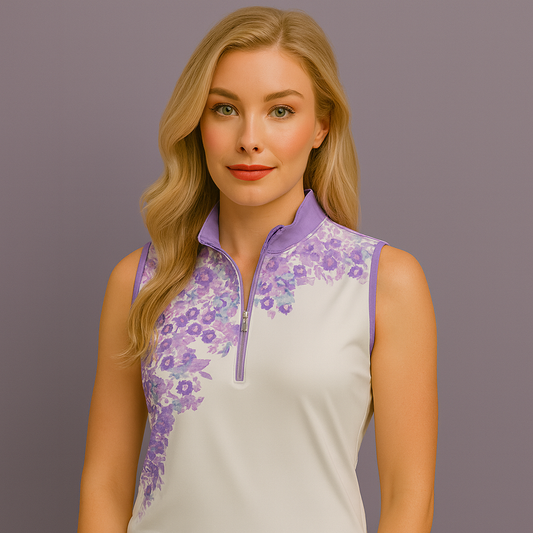 OEM customized women's sleeveless vintage floral printed golf jerseys, 1/4 zip pullovers, quarter-zip pullovers, women's sportswear
