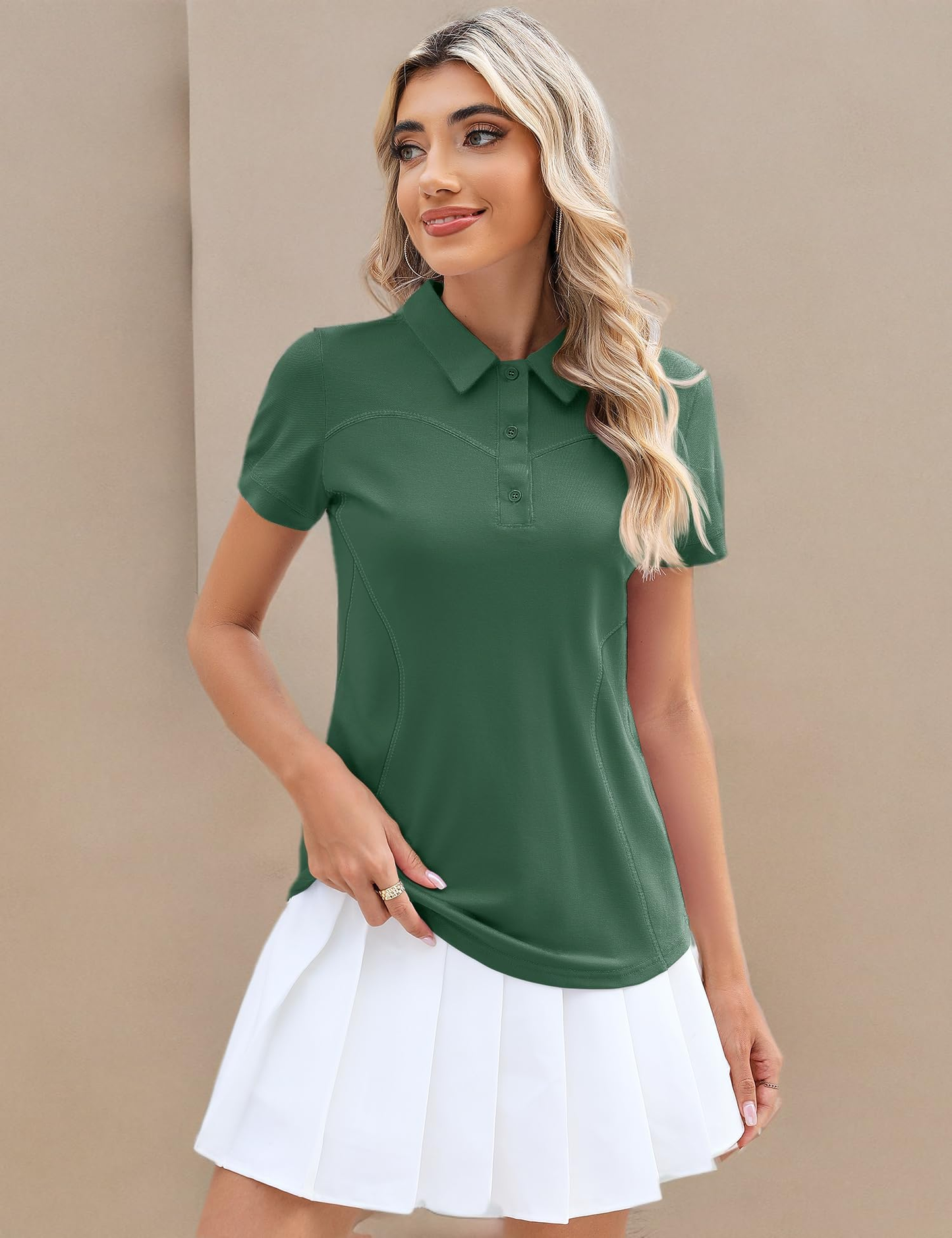 Custom logo green cotton, spandex and polyester short-sleeve lightweight moisture-wicking casual three-button women's golf polo shirt